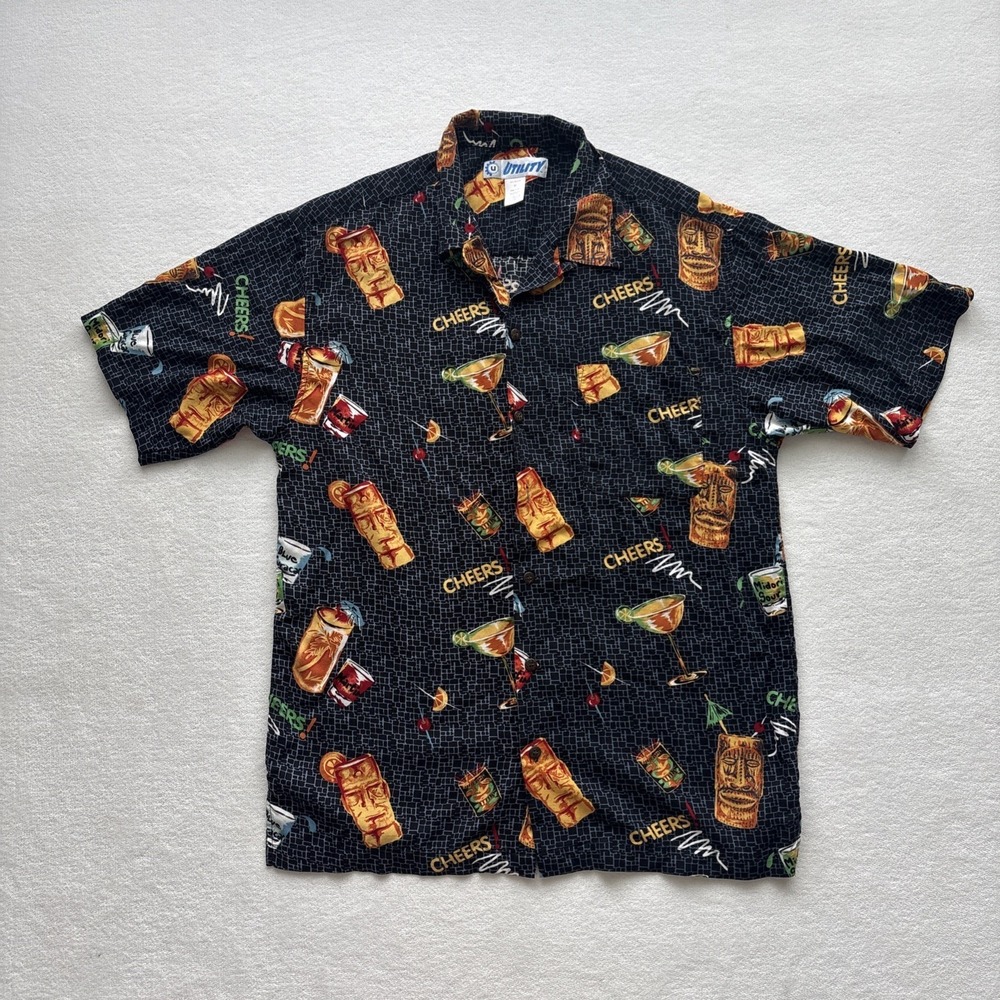 Utility Tiki Cocktail Shirt Mens Medium Black Rayon‎ Short Sleeve Button Down